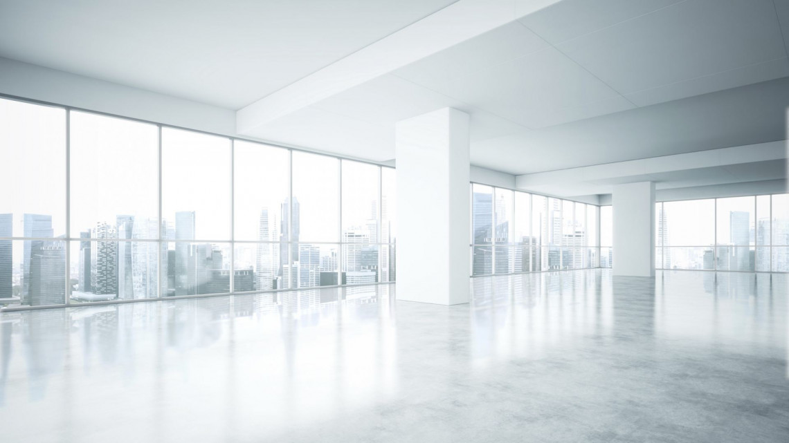 Empty white office interior with city view --- Image by © pinkypills/Corbis